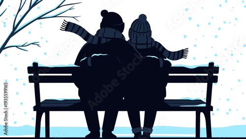 Two people sitting on bench in snowy winter scene, silhouette illustration, falling snow, companionship, peaceful seasonal artwork, cozy outdoor atmosphere