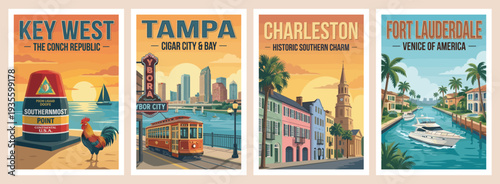 Vintage USA travel poster set. Including key west, charleston, tampa, and fort lauderdale city scenes. Retro southern coast vector illustration.