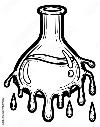 Hand drawn line art illustration of a laboratory flask depicting spilling liquid for science experiments