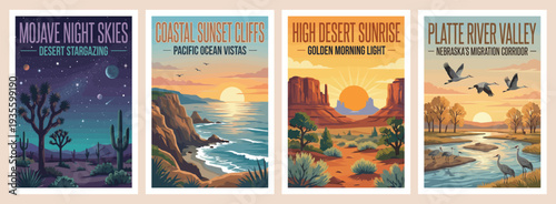 Vintage USA travel poster set. Featuring mojave night skies, high desert sunrise, coastal cliffs, and platte river valley scenes. Retro vector art.