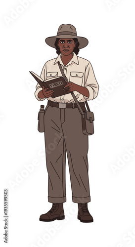 Black female explorer reading a notebook in outdoor environment  