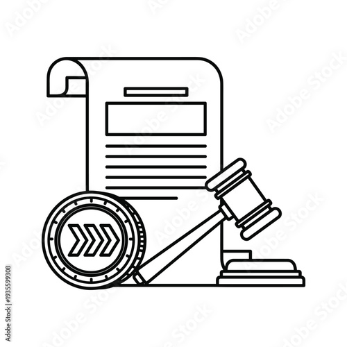 A graphic symbolizing legal documents and judicial authority with a gavel and scroll.