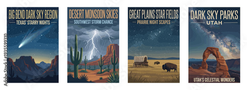 Vintage USA travel poster set. Showcasing big bend, great plains, desert monsoon, and utah dark sky parks. Retro starry night vector illustration.