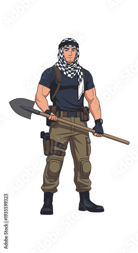 Animated character wearing keffiyeh and holding shovel in casual stance  