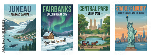 Vintage USA travel poster set. Including juneau, fairbanks, central park, and statue of liberty landmarks. Retro travel vector illustration.