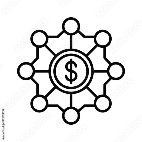 Centralized financial network with interconnected nodes and a dollar symbol at the core