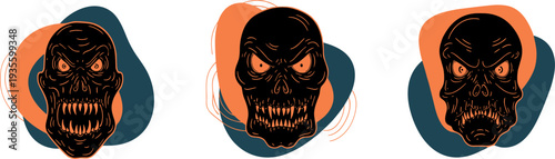 Three menacing skull illustrations with sharp teeth, aggressive facial features, abstract orange and teal backgrounds, horror-themed graphic art, Halloween design, tattoo inspiration