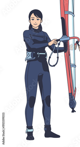 Young woman preparing for windsurfing with sail and equipment  