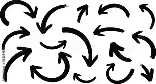 A collection of black arrows pointing in various directions on a white background