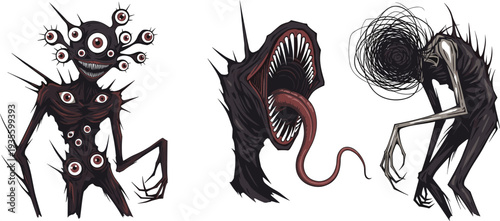 Three grotesque humanoid monsters, surreal horror creatures with multiple eyes, gaping mouth, elongated arms, nightmarish fantasy illustration, eerie character design, dark art