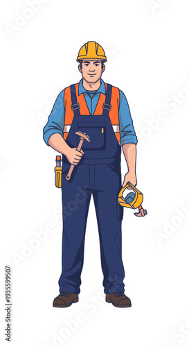 Construction worker holding hammer and measuring tape in uniform  