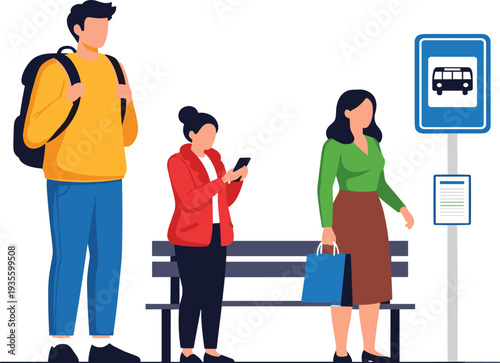 Three people at bus stop, urban commuting scene, waiting for public transportation, everyday city life illustration, casual social interaction, modern lifestyle artwork