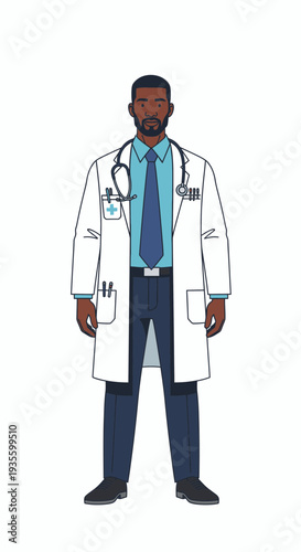 Black male doctor standing confidently in a white lab coat  