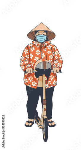 Man riding scooter wearing floral coat and conical hat with mask  