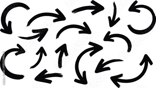 A collection of black arrows pointing in various directions on a white background