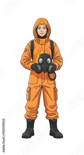 Young man in orange protective suit holding gas mask in studio  