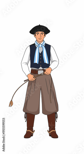 Young man in traditional attire holding a whip in standing pose  