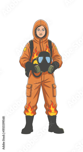 Firefighter in protective suit holding helmet with flames in background  