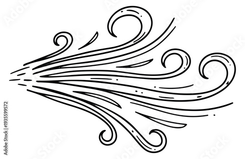 Hand drawn line art illustration of wind depicting swirling movement for weather themed designs