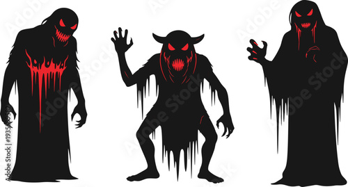 Three shadowy monsters with red accents, horror silhouettes, dripping blood designs, glowing eyes, jagged teeth, supernatural creatures, Halloween illustration, eerie dark art