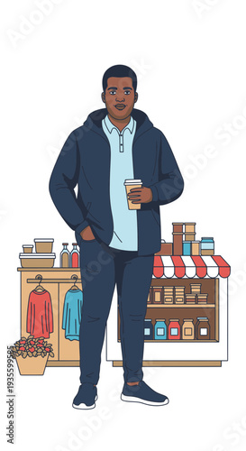 Young black man standing with coffee in casual wear at market  