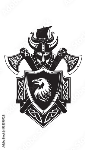 Majestic heraldic lion shield crest with crossed axes and armor emblem.