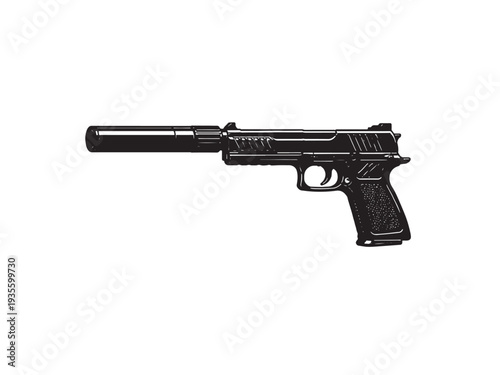 Gun with silencer vector silhouette illustration.