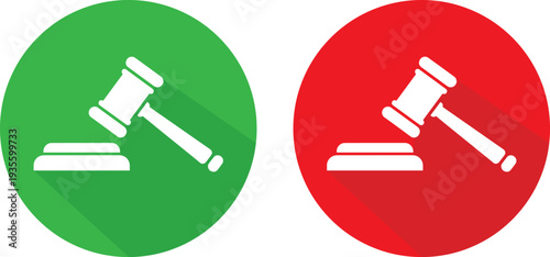 Judge gavel icons in green and red circles