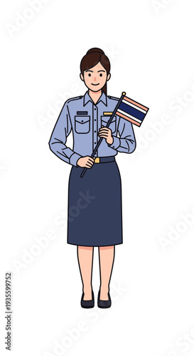 Woman in uniform holding a flag and smiling indoors  