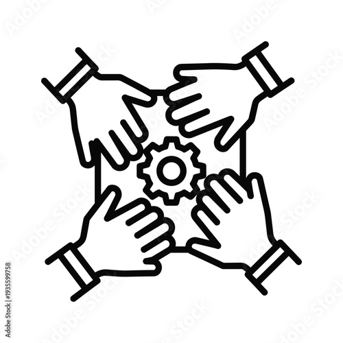 Collaboration and teamwork symbolized by interconnected hands forming a gear shape