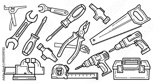 Collection of various hand tools and power tools for repair and construction.