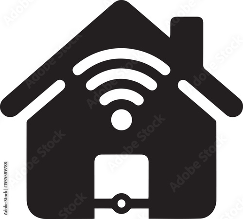 Black vector house icon with WiFi signal and smart lock on transparent background