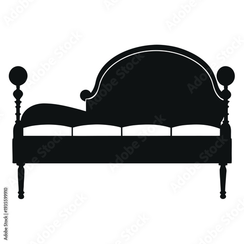 Black settee silhouette with curved back and spherical finials creates a timeless elegance