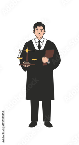 Male judge holding scales of justice and legal book in courtroom  