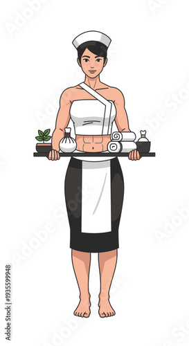 Young woman waitress holding tray with spa items and towels  