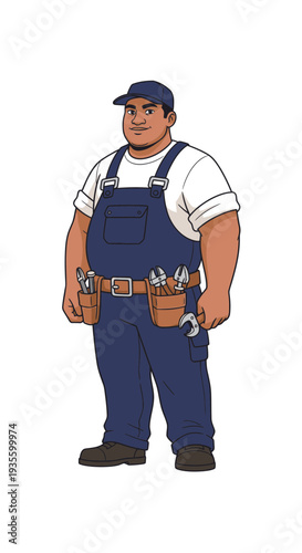 Cartoon worker wearing blue overalls and holding tools  