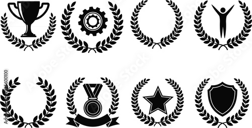 Achievement icons collection with laurel wreath, trophy, medal, star, shield, gear, person silhouette, award recognition vector illustration design