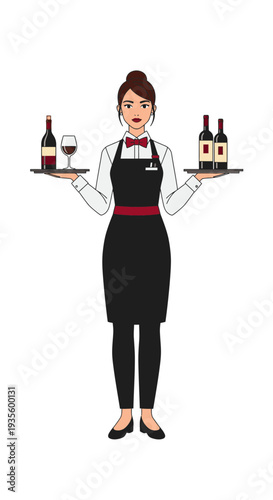 Female server presenting wine bottles and glass on trays  