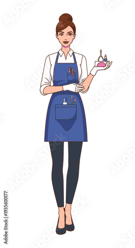 Young woman wearing apron holding dessert in hand  