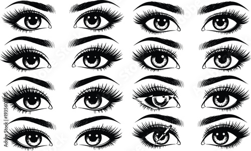 Black and white human eye illustrations, stylized vector drawing set, anatomy clipart collection, artistic design variations, eyelashes eyebrows pupil details