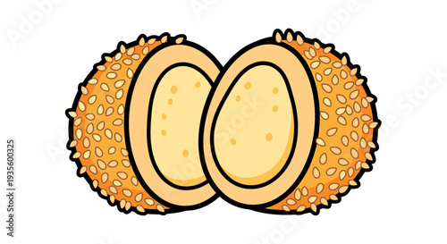 Golden Sesame-Covered Deep-Fried Chicken Egg Roll Cut Open, Crispy Exterior and Tender Filling for Chinese Cuisine or Appetizer Shots