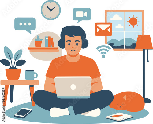 Flat Vector Illustration of a man Working Remotely
