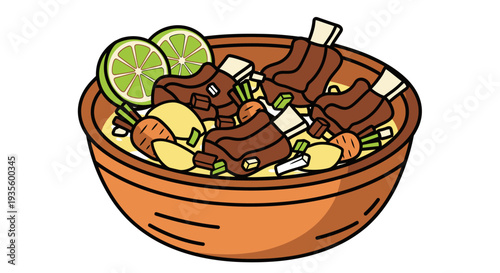 Hearty Vietnamese Pho Soup with Beef, Fresh Vegetables, and Lime Garnish in a Rustic Wooden Bowl