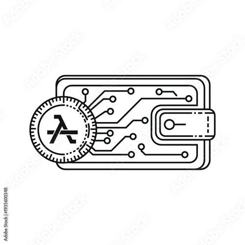 Modern wallet design featuring a circuit board and lambda symbol for technology and science