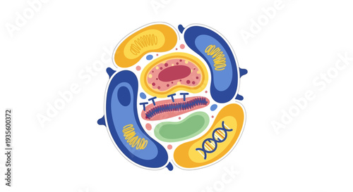 A circular arrangement of various stylized biological cells and cellular components, including mitochondria, DNA, and bacteria, against a white background.