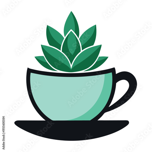 A beautiful green succulent plant is growing inside of a charming light blue teacup