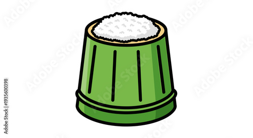 Illustration of a Traditional Green Wooden Rice Steamer Basket Filled with White Fluffy Rice, Perfect for Culinary, Food, and Cooking Theme Visuals