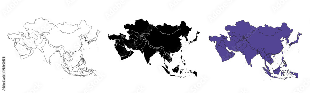 Fototapeta premium A set of vector maps of Asia with prefecture boundaries in three styles