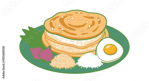 Traditional Korean Jeonbap Dish with Rice Cake, Egg, and Seasonings on a Green Plate