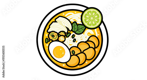 Vibrant Asian-style noodle bowl with boiled egg fresh vegetables and citrus garnish perfect for culinary advertising and food blogs